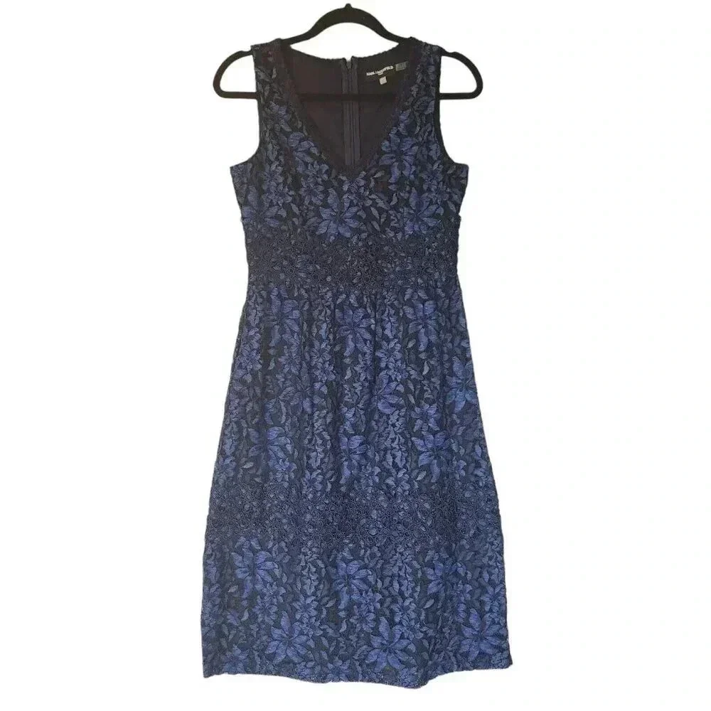 Karl Lagerfeld Cocktail Shift Dress Size 4 Blue & Black Lace Back Zip V-Neck - Picture 1 of 9